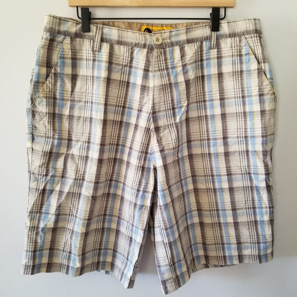 Heat Wave Surf Brand Blue/Brown Plaid Cotton Blend Board Shorts Men's Size 38